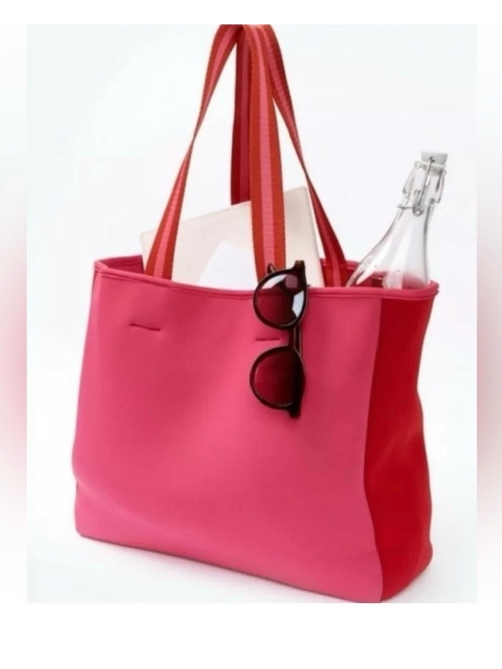 summersalt Pink Two-Tone Tote with Red Sides and Striped Handles